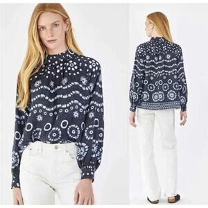 NWT Hunter Bell Graham Navy House Printed Silk Mockneck Long Sleeve Blouse XS